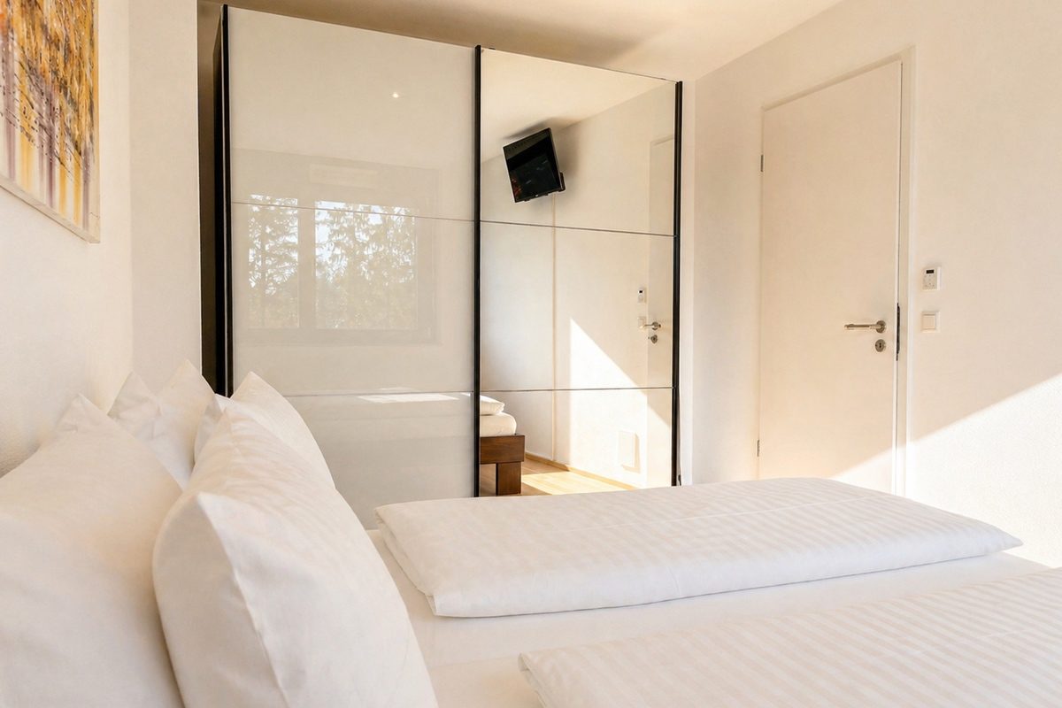 Mirror wardrobe and TV in master bedroom