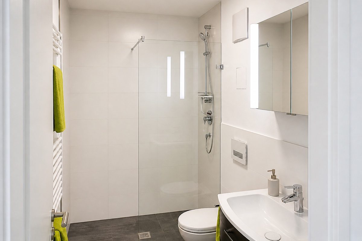Shower, toilet and sink in bathroom