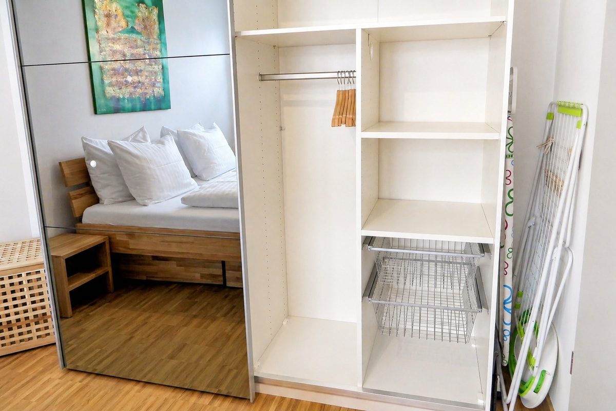 Bedroom with mirror wardrobe