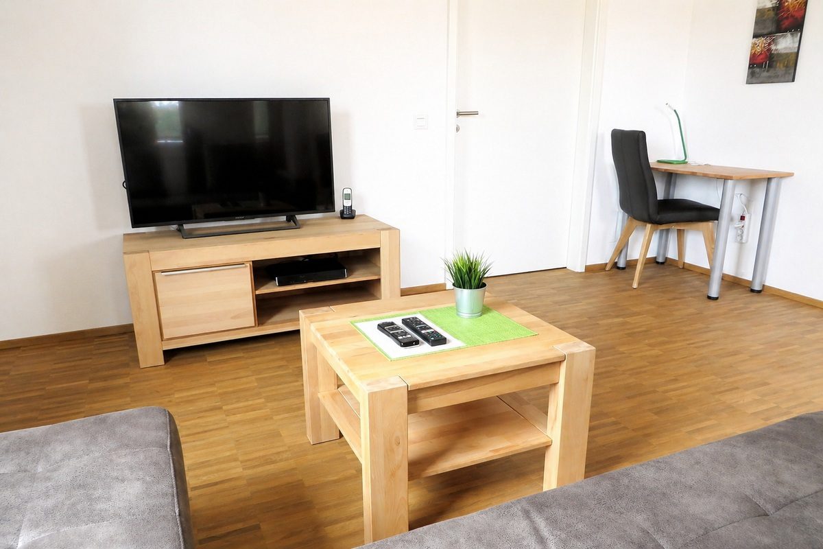 Living area with desk in 1-bedroom apartment