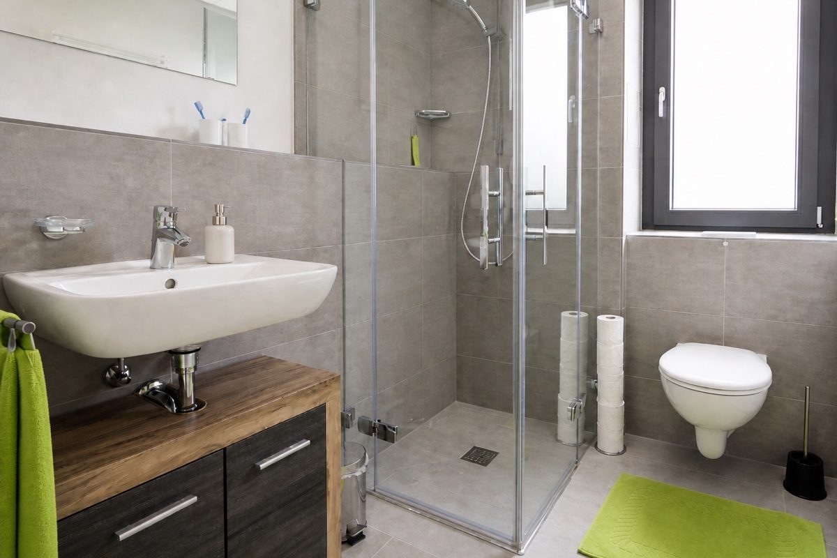 Toilet, shower and sink in bathroom