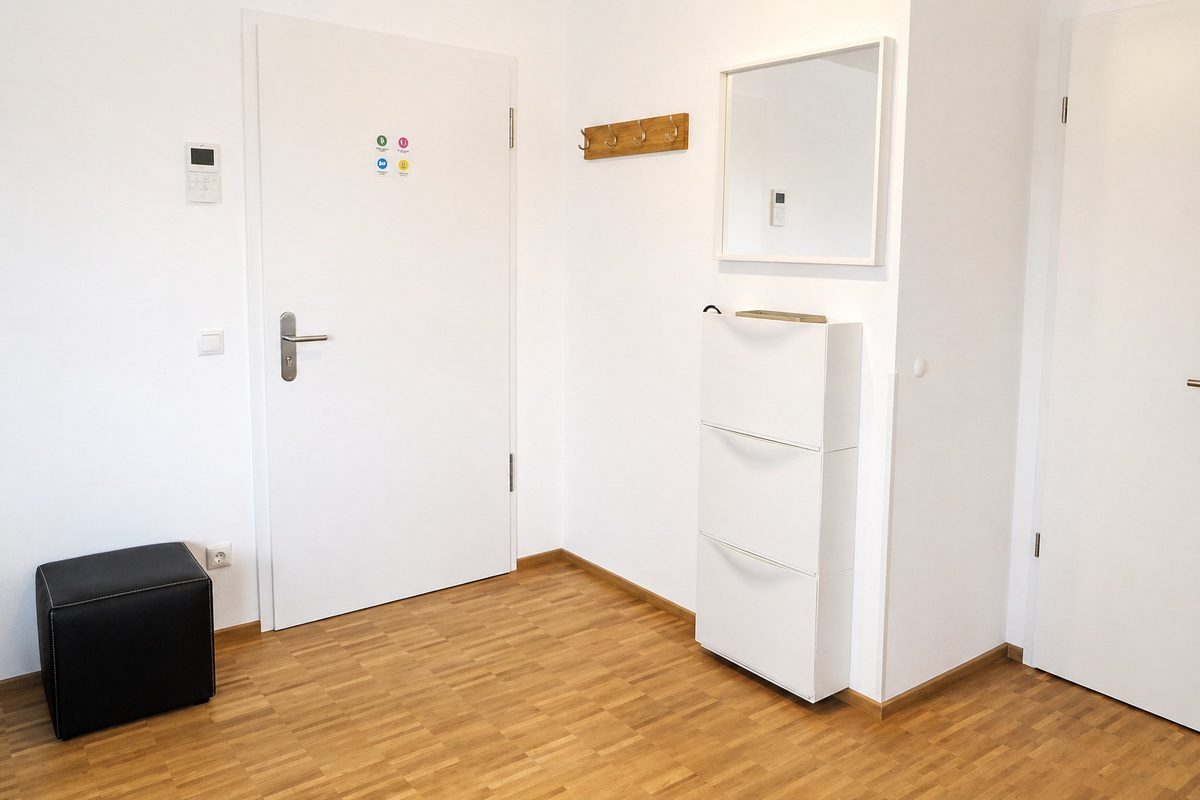 Entryway with video intercom, shoe cabinet and storage room