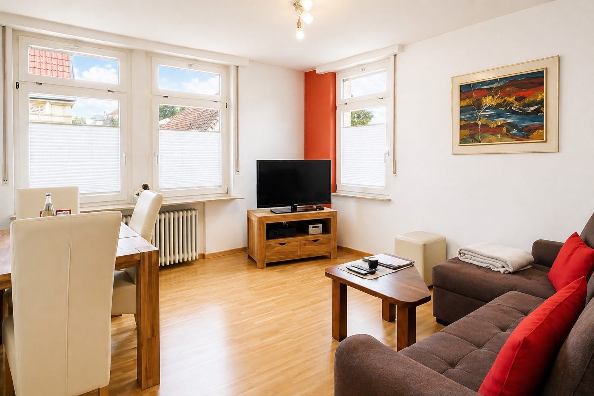 Dining and living room in 1-bedroom apartment
