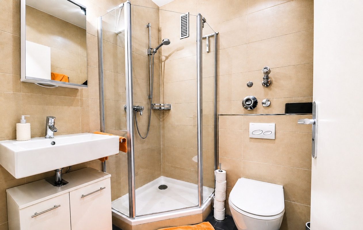 Glass shower, sink and toilet in bathroom