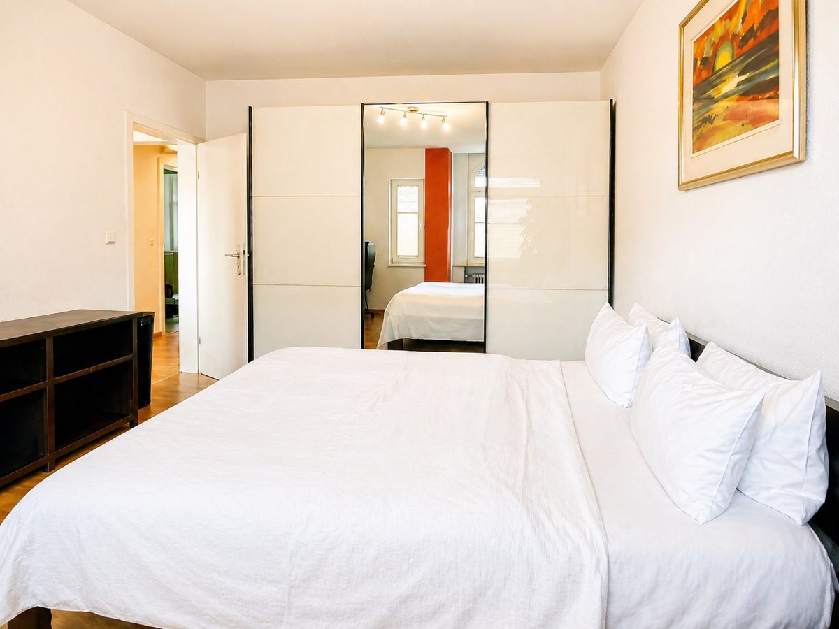Large mirror wardrobe in bedroom