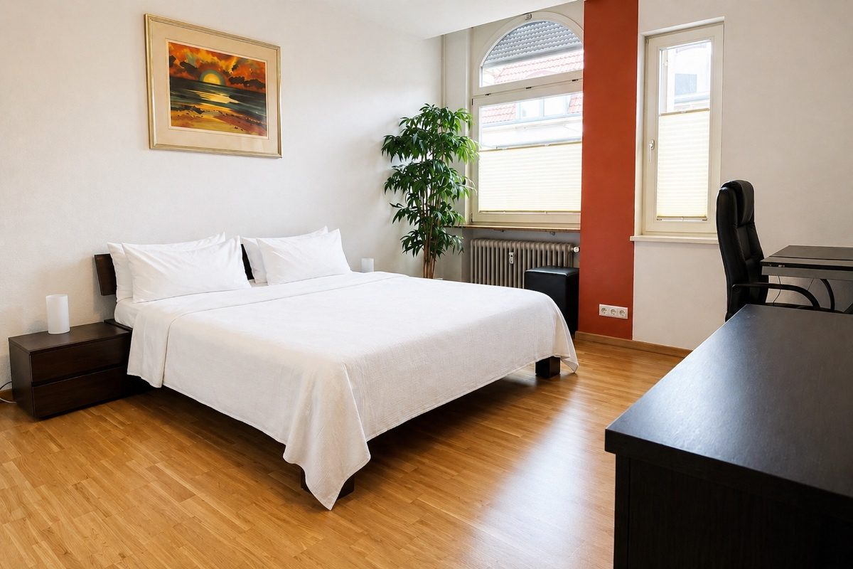 Large bed and desk in bedroom