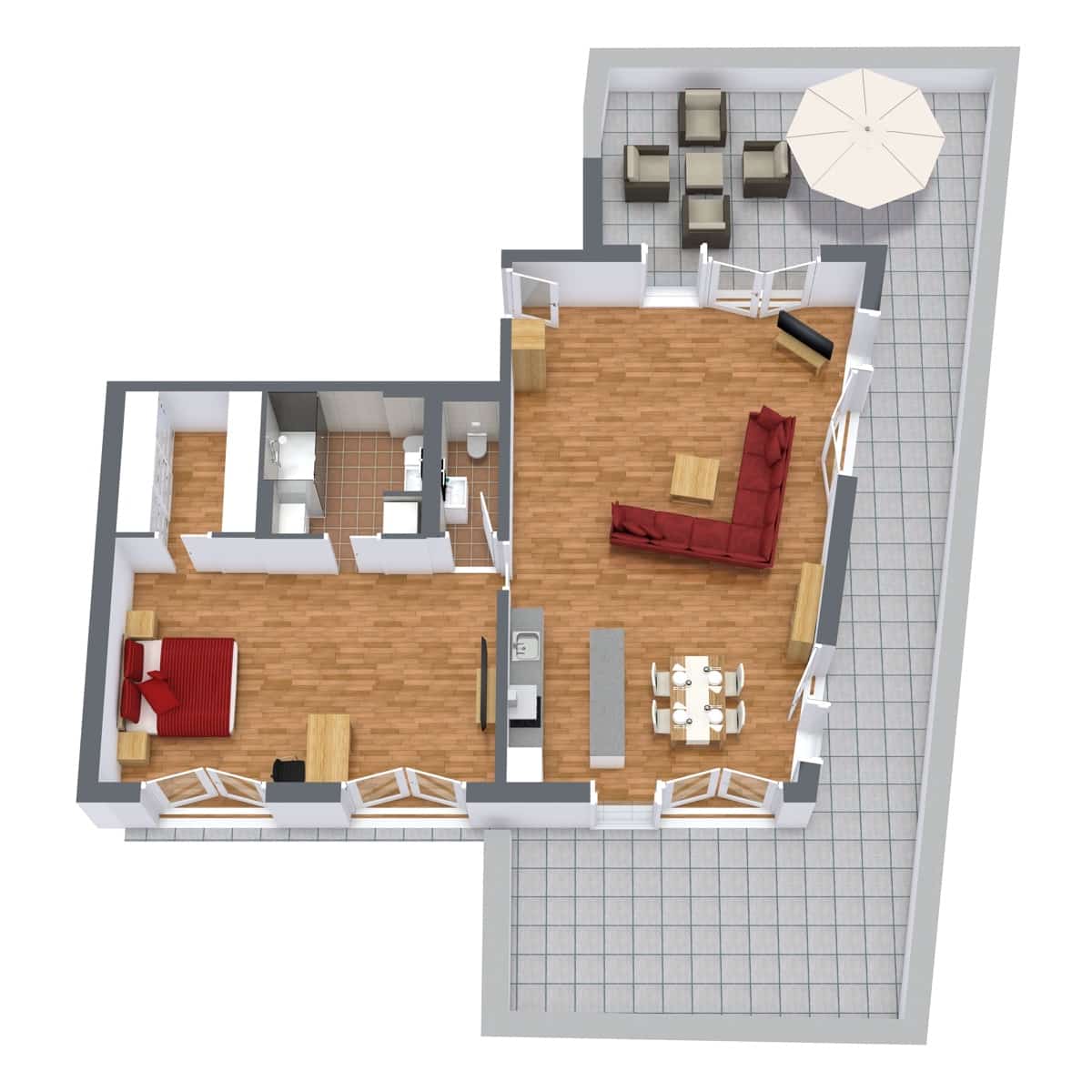 Rotated floor plan for Apartment 951, 1-bedroom penthouse layout