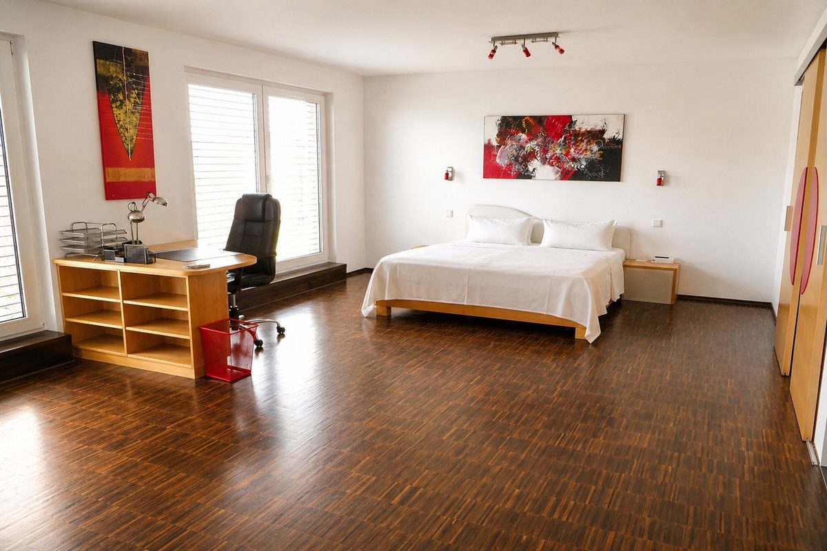 Large bedroom with desk and king bed