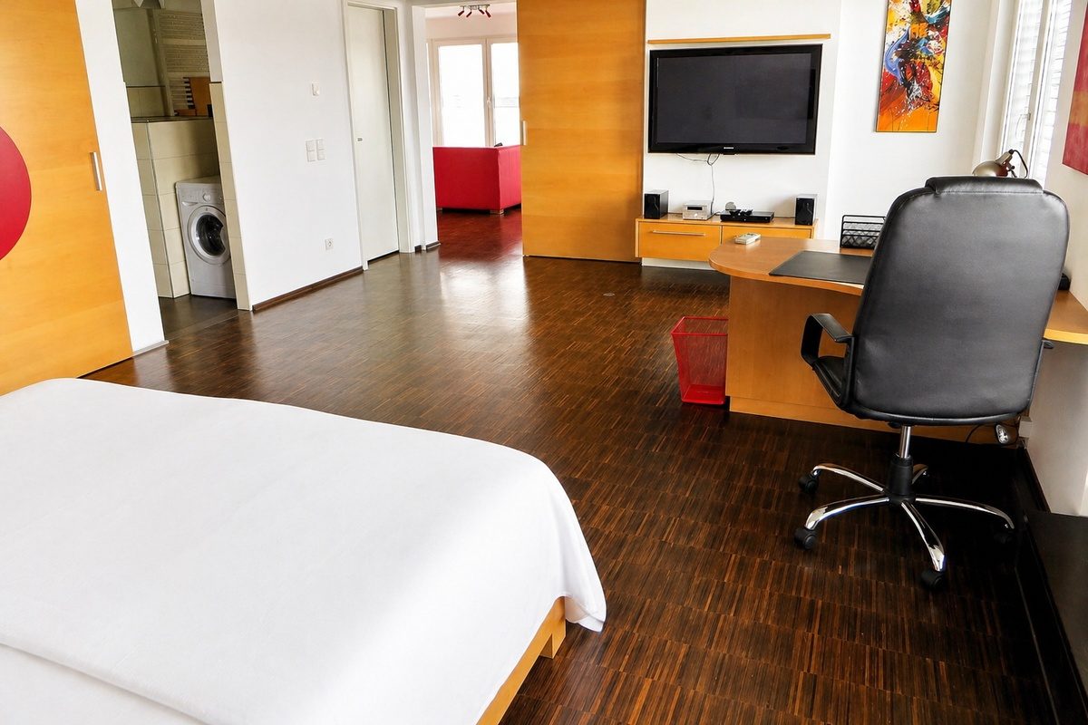 Large bedroom with desk and TV