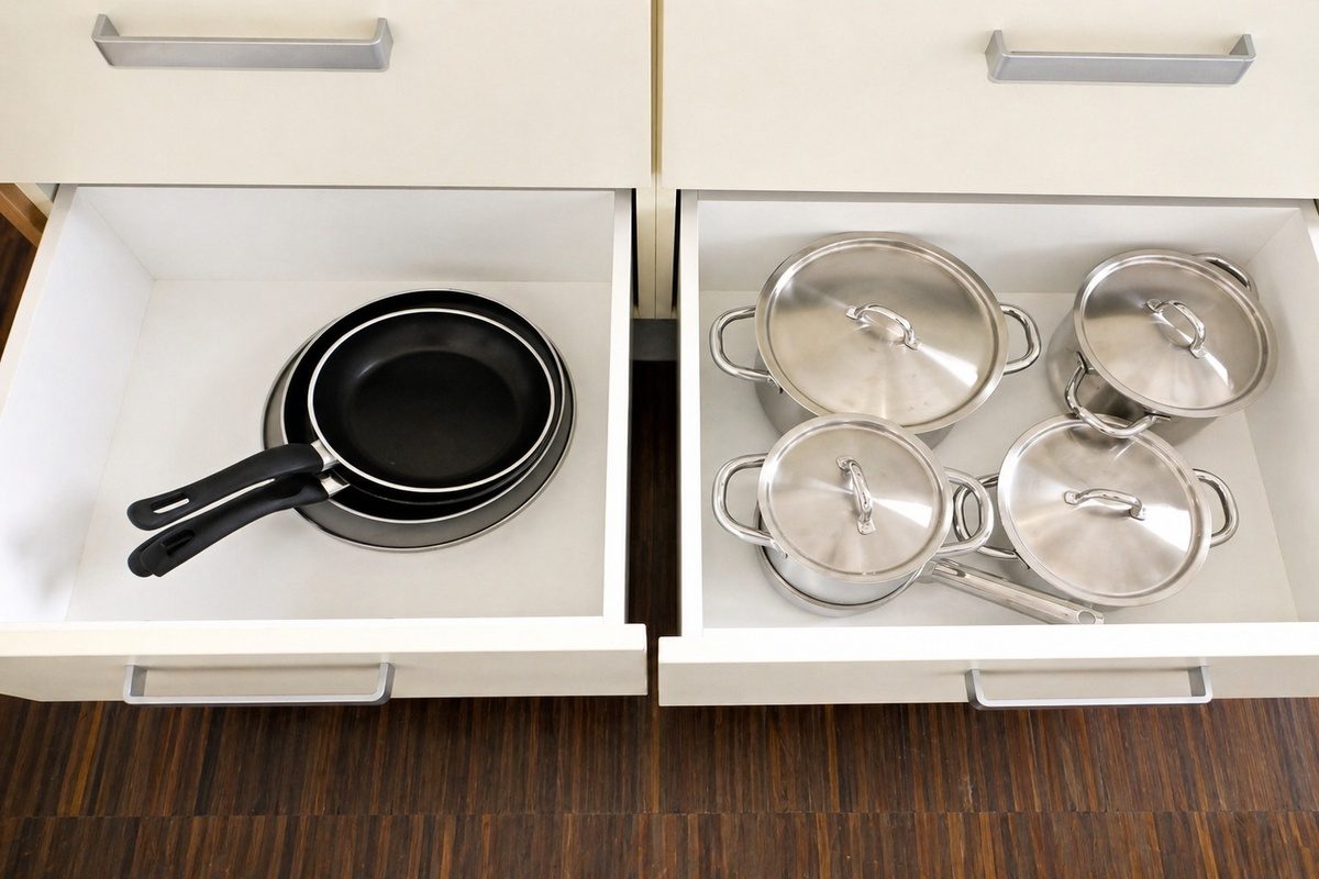 Kitchen drawers with frying pan and pots
