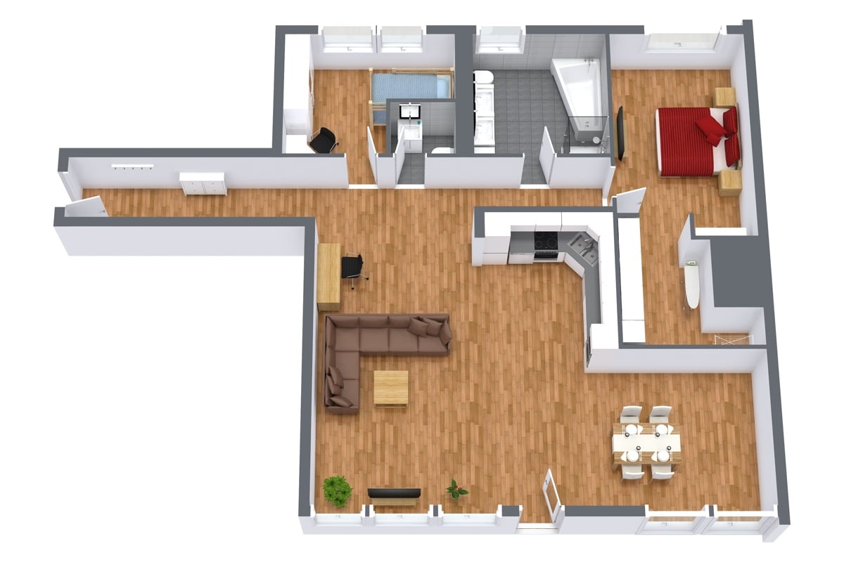 Rotated floor plan for Apartment 952, 2-bedroom layout