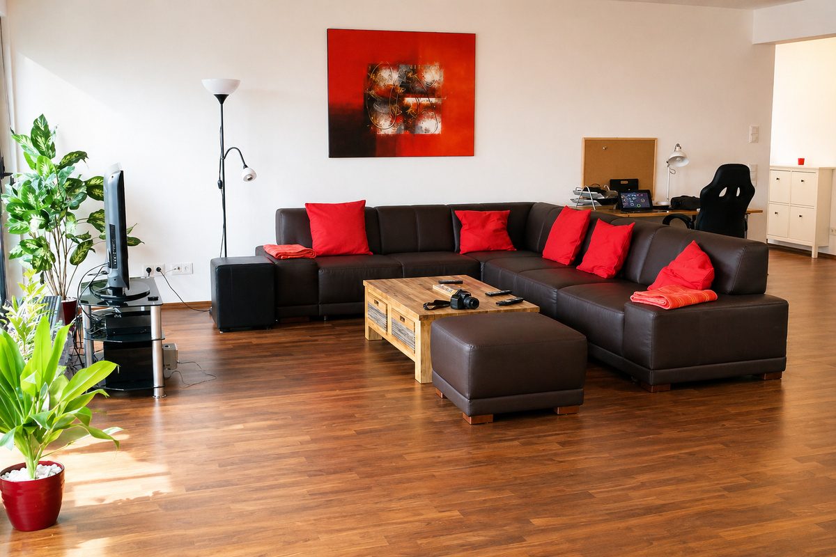 Living room with sofa in 2-bedroom furnished apartment