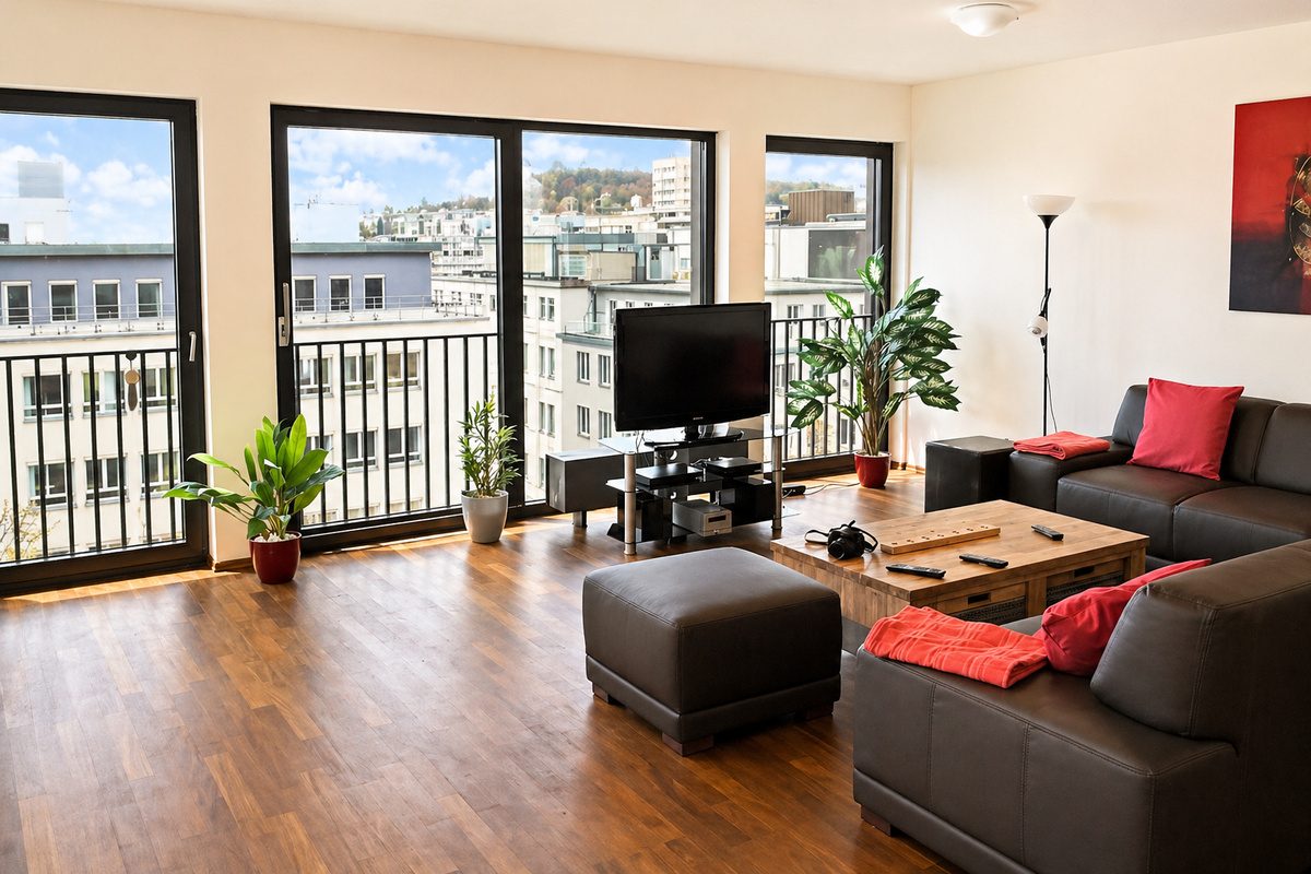 Apartment living room with large windows