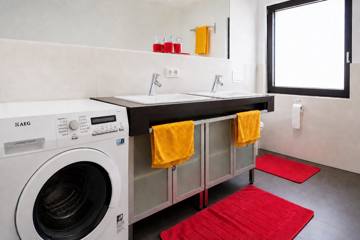 Washer/dryer, two sinks and toilet in bathroom