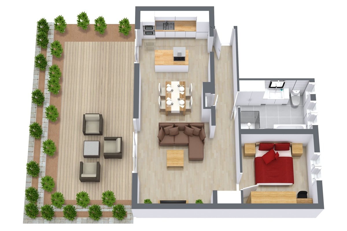 Rotated floor plan for Apartment 962, 1-bedroom layout