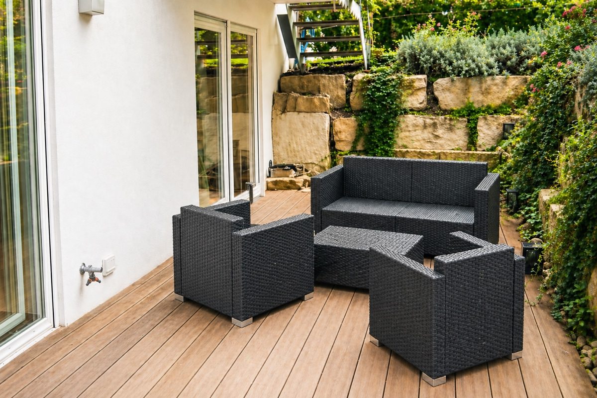 Wooden deck area with seating
