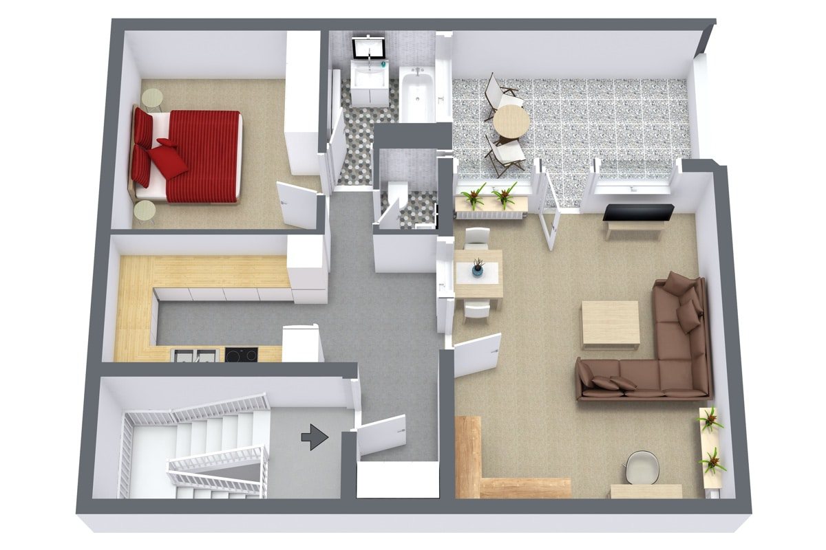 Rotated floor plan for Apartment 972, 1-bedroom layout