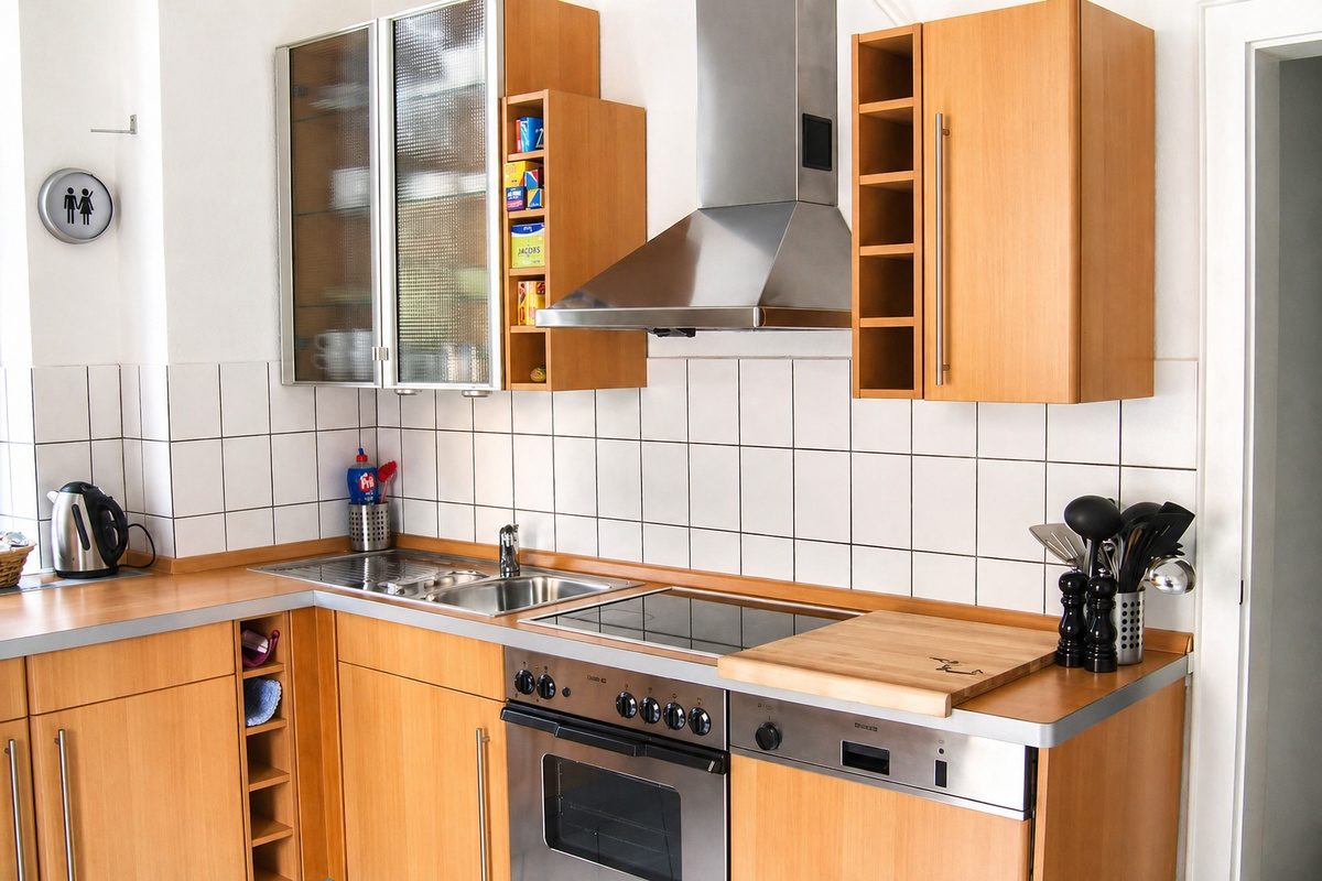 Cooktop range hood in kitchen