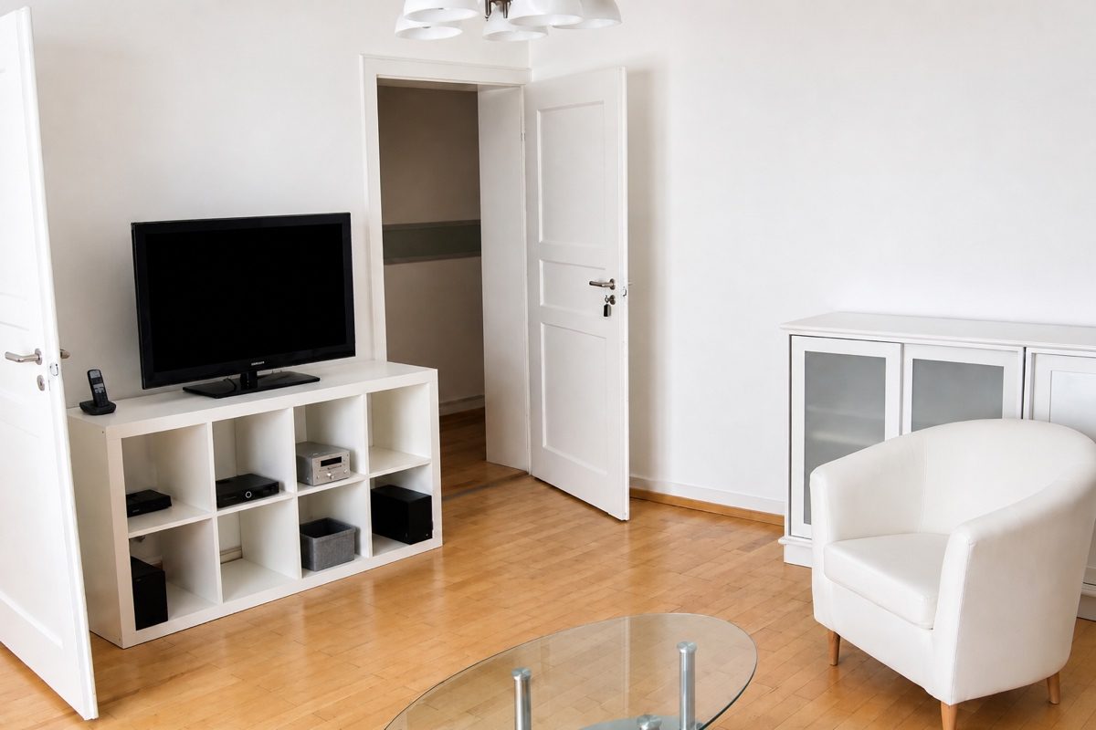 Living room with TV in furnished apartment